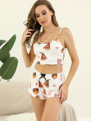Funny Food Print Pajama Set Sleeveless Cami Top & Bow Shorts