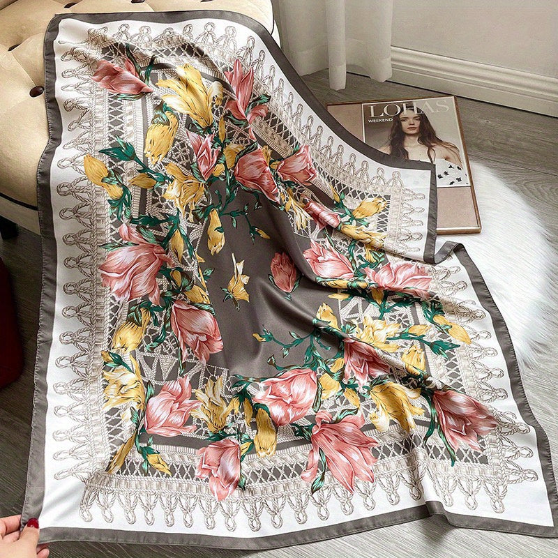 Magnolia Print Silk Satin Square Scarf Head Wrap Sunscreen Travel Beach Towel