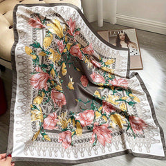 Magnolia Print Silk Satin Square Scarf Head Wrap Sunscreen Travel Beach Towel