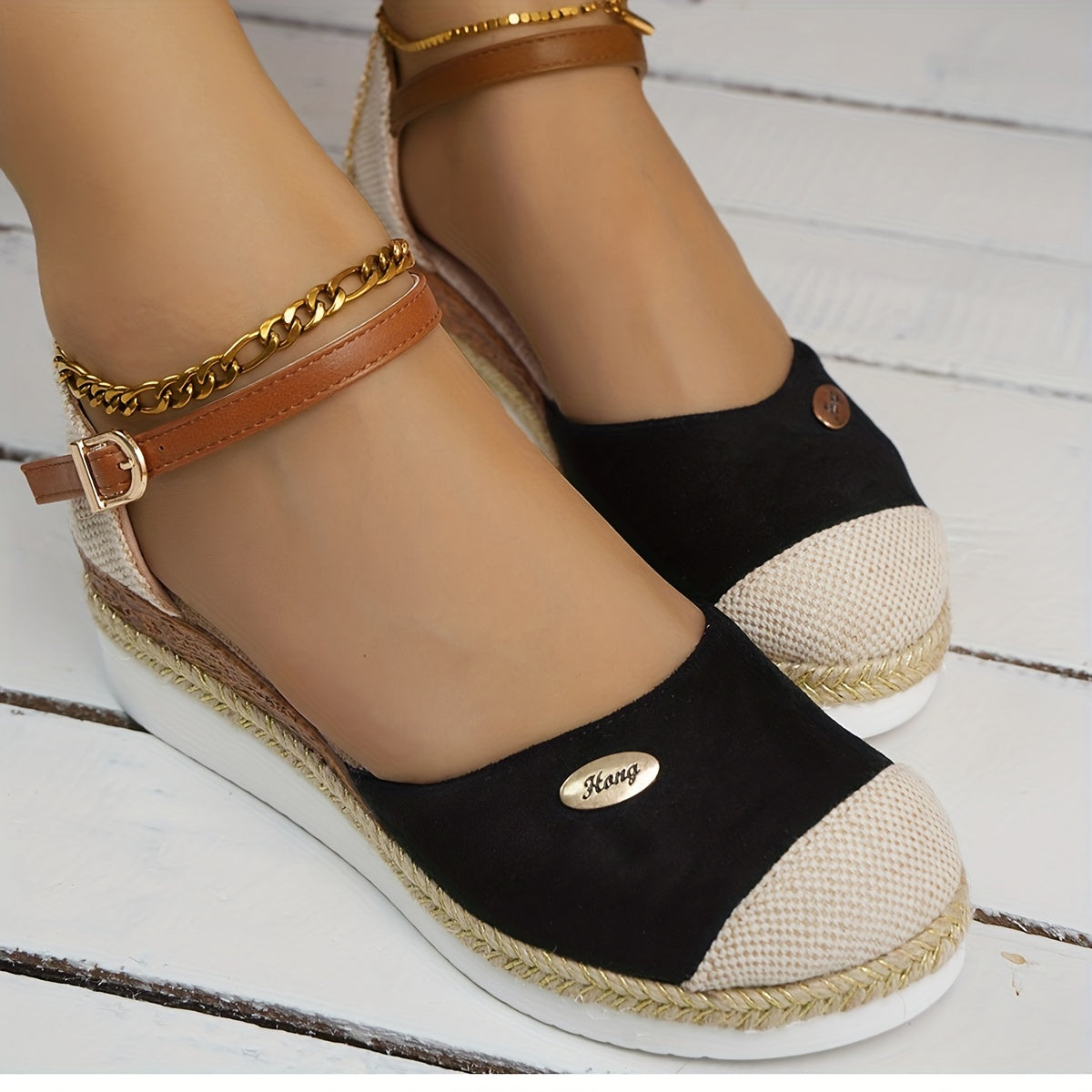 Women's Colorblock Casual Sandals Ankle Strap Buckle Wedge Shoes