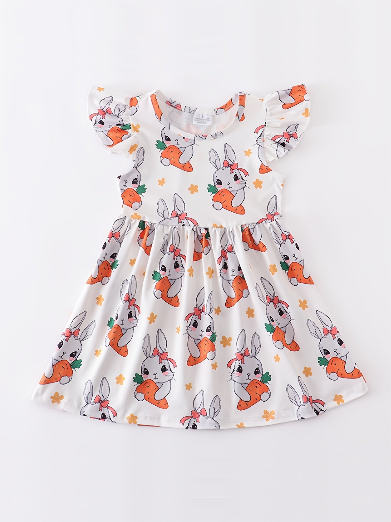 Baby Girls Short Sleeve Ruffles Round Neck Easter Bunny Print Dress