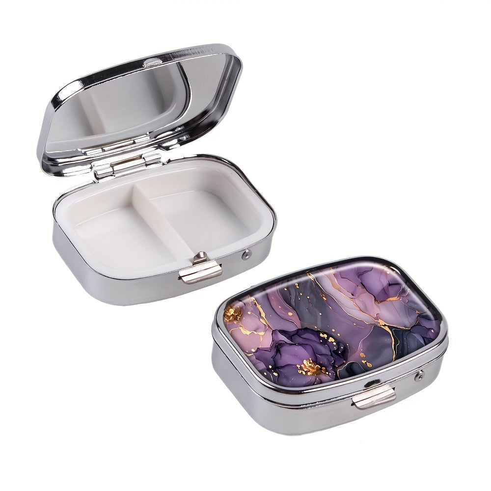 Purple/Gold Marble Pill Organizer 2-Compartment Portable Medicine Case