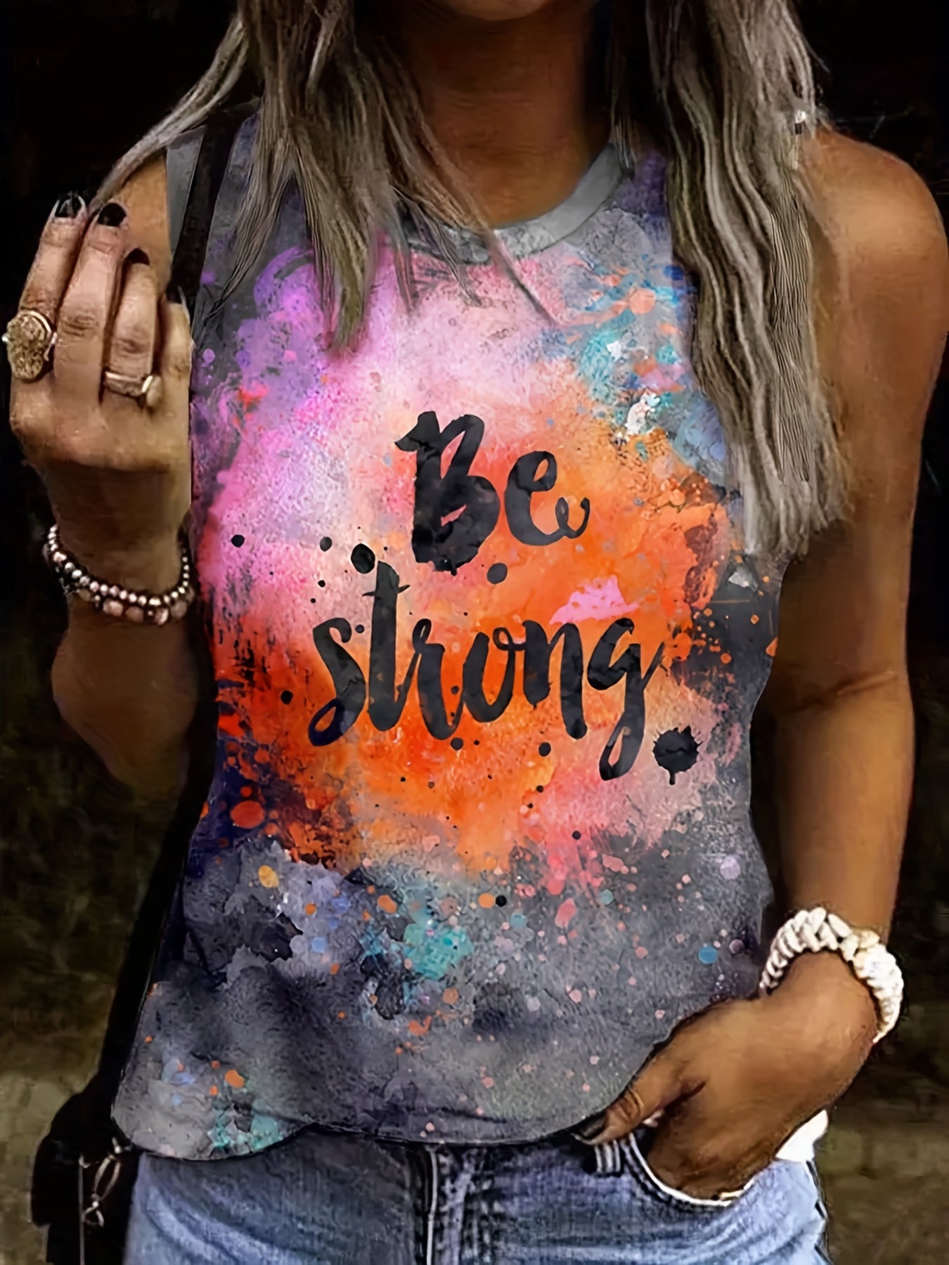 Graffiti Letter Print Tank Top Sleeveless Crew Neck Summer Casual Top