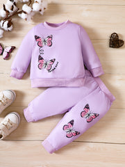 Baby Girl Butterfly Print Sweatshirt Trousers 2pcs Set Kids Pullover Pants