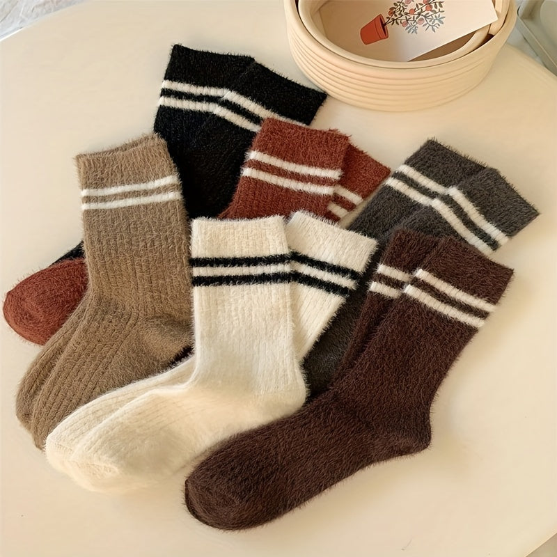 6 Pairs Striped Fuzzy Socks Comfy & Warm Women's Mid Tube Stockings