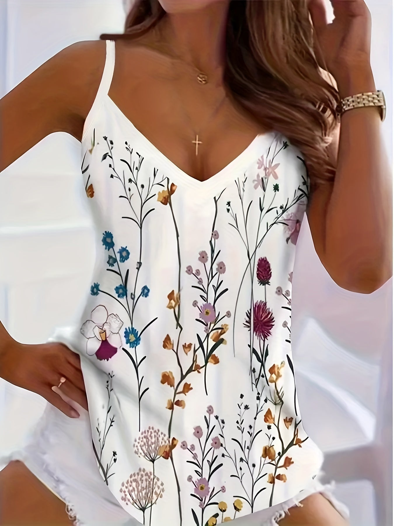 Floral Print Spaghetti Top V Neck Backless Cami Top