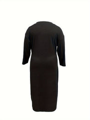 Women's Plus Solid Long Sleeve V Neck Maxi Dress With Pockets