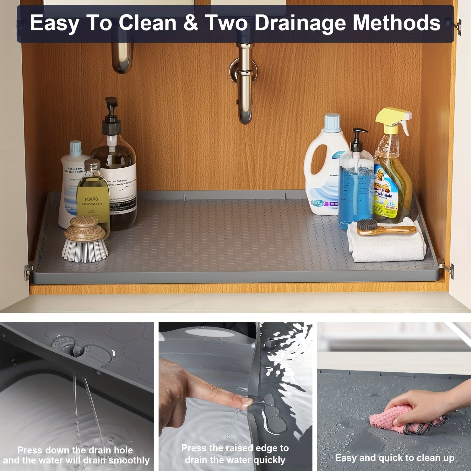 Waterproof Silicone Under Sink Mat with Drain Hole - Cabinet Tray Protector