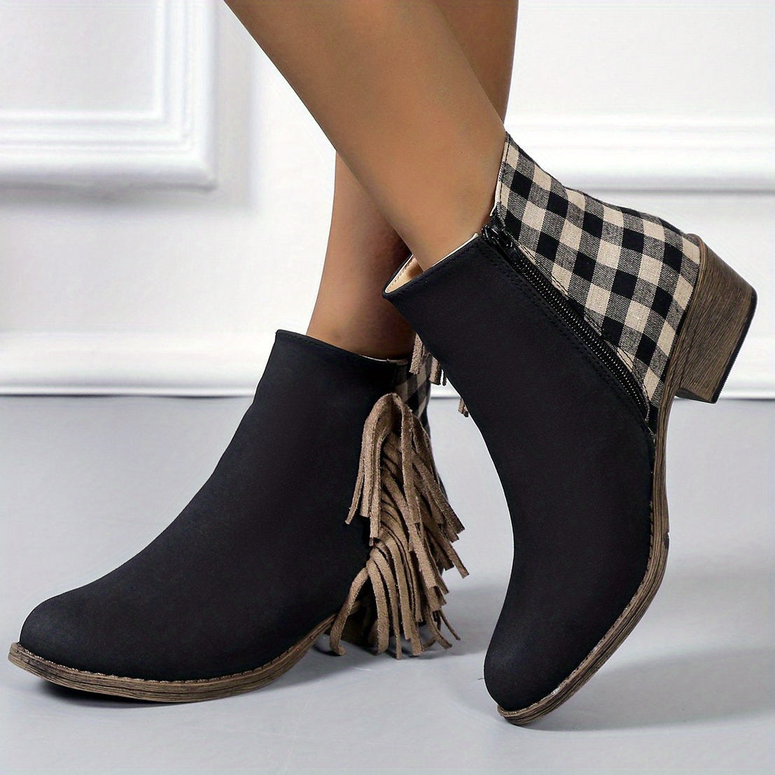 Women's Plaid Ankle Boots Tassel Round Toe Side Zipper Low Heel Short Boots