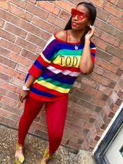 Women's Rainbow Striped Short Sleeve T-shirt & Solid Pants Set