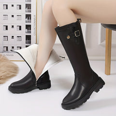 Women's Knee Boots Round Toe Side Zip Plush Lining Chunky Platform Sole