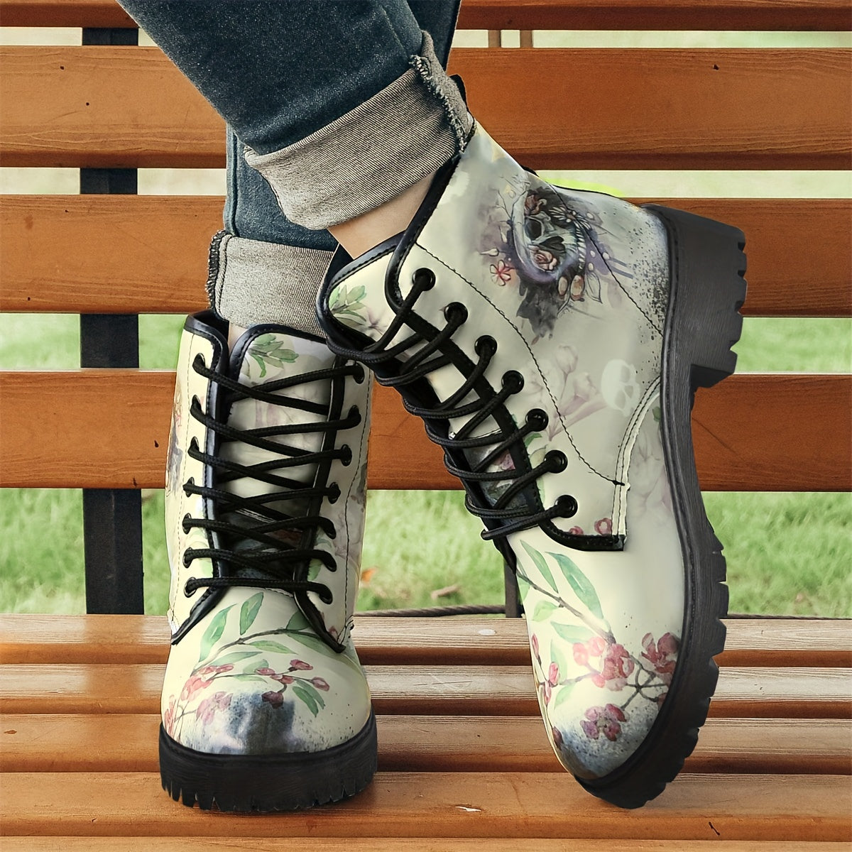 Skull & Floral Gothic Style Lace Up Ankle Boots