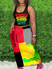 2 Piece Set Women's Crop Tank Top & Colorblock Maxi Skirt Outfits