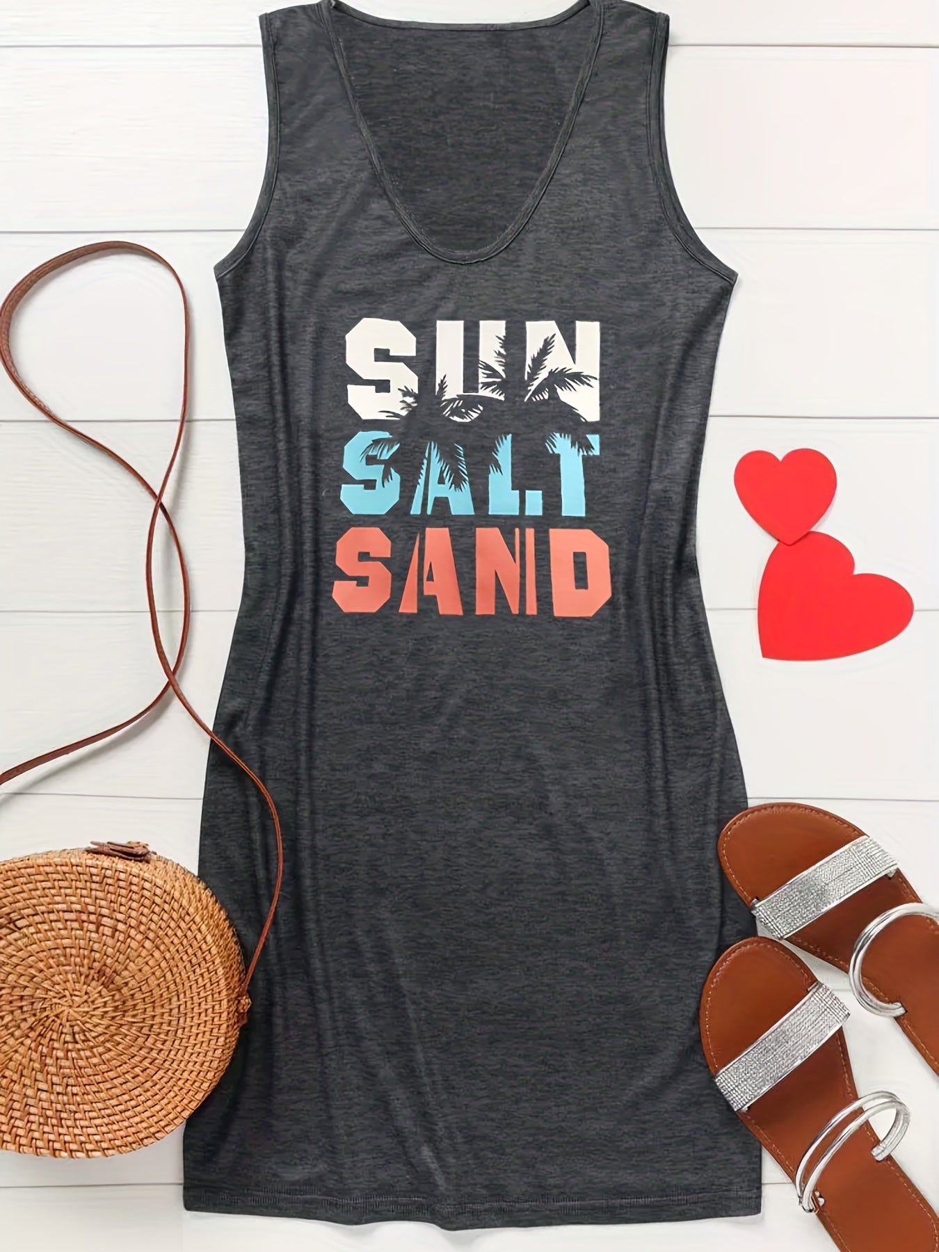 Casual Tank Dress Women's Plus Art Letter & Coconut Tree Print Round Neck