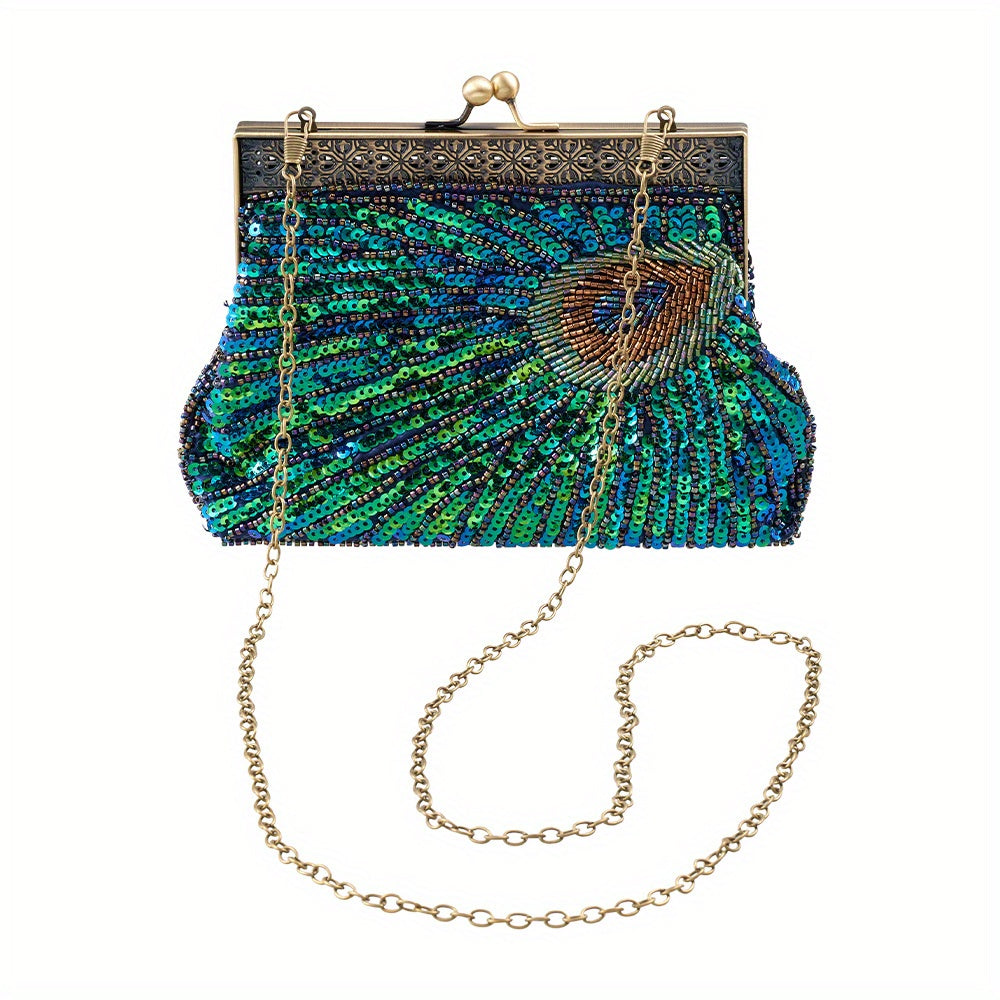Green Beaded Sequins Evening Bag Durable Handbag for Women