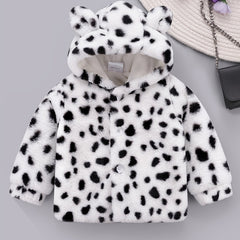 Kids' Cow Print Ear Fleece Hooded Coat For Girls And Boys