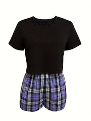 Colorblock Plaid Pajamas Set Short Sleeve Crew Neck Top & Shorts