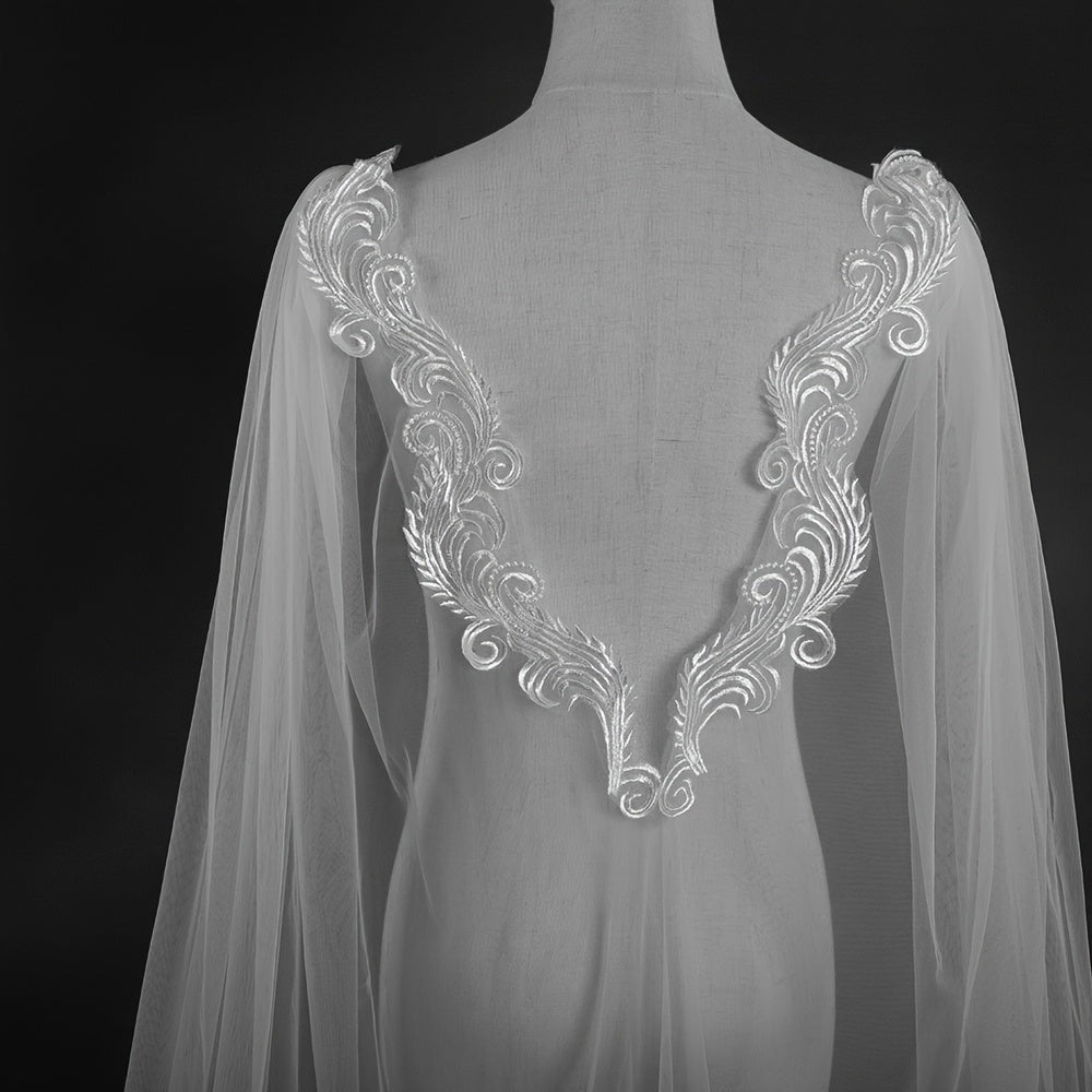 Bridal Wedding Veil Capelet Sheer Lace with Lace Trim Flowing Train