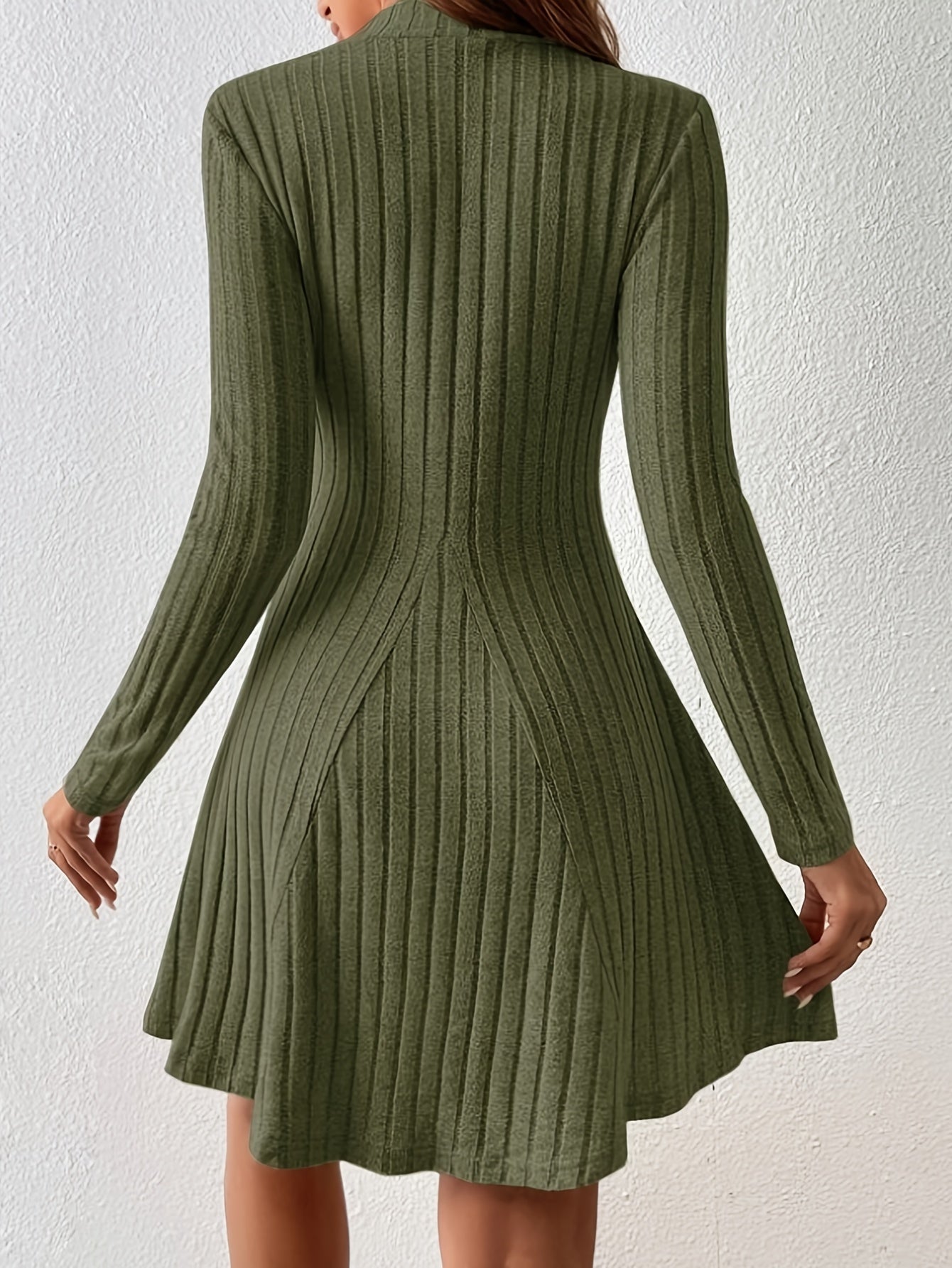 Solid Ribbed Dress Casual Mock Neck Long Sleeve Dress Women's Clothing