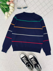 Boys Striped Block Sweater Round Neck Long Sleeve Pullover