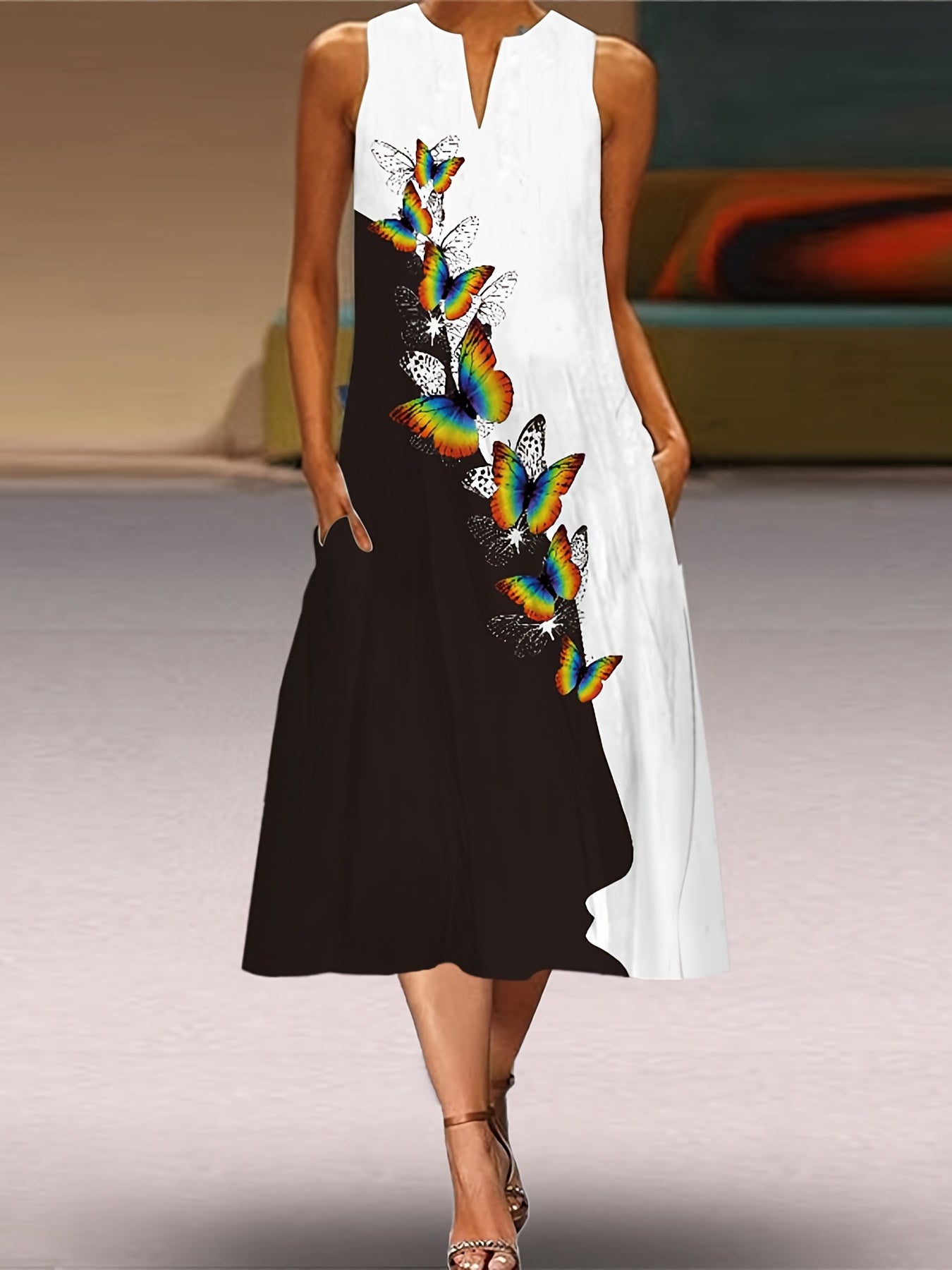 Colorblock Butterfly Print Tank Dress With Pockets