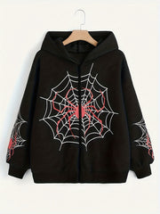 Spider Graphic Print Boys Zip Up Hooded Sweatshirt Casual Long Sleeve