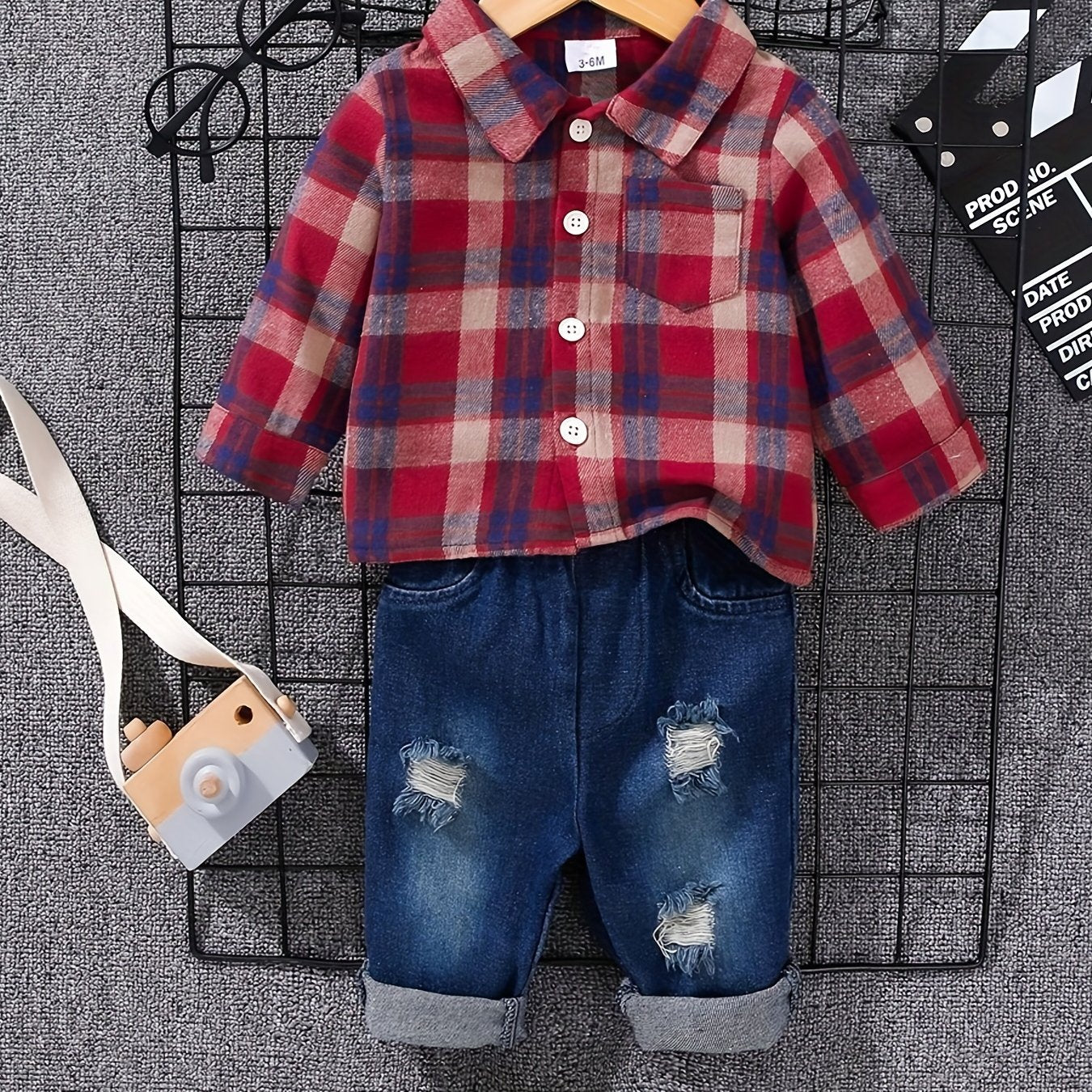 Kids Outfit Button Down Shirt Ripped Jeans Suit