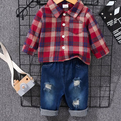 Kids Outfit Button Down Shirt Ripped Jeans Suit