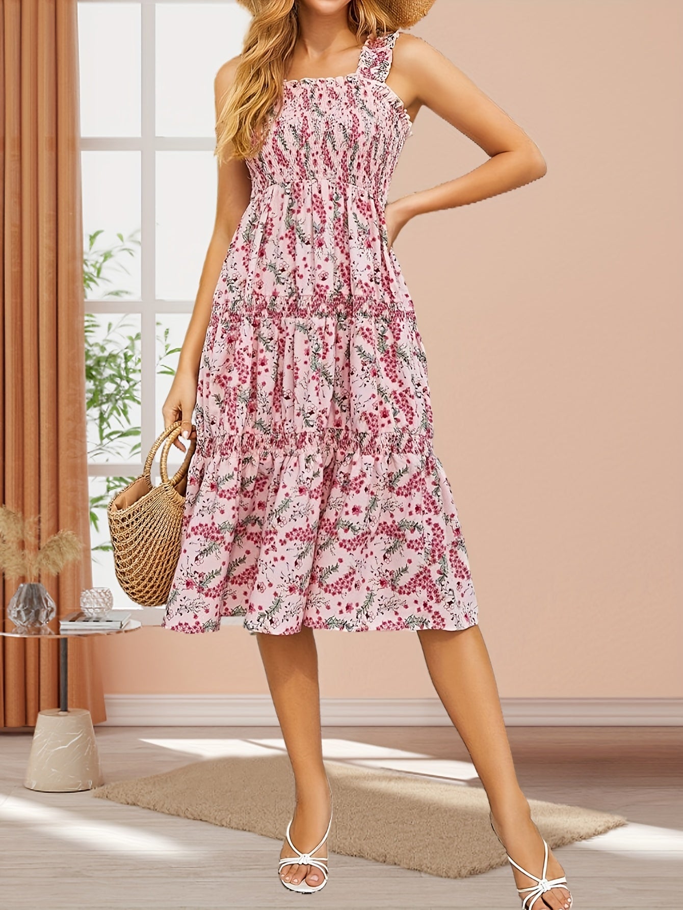 Floral Print Shirred Tank Dress for Spring & Summer