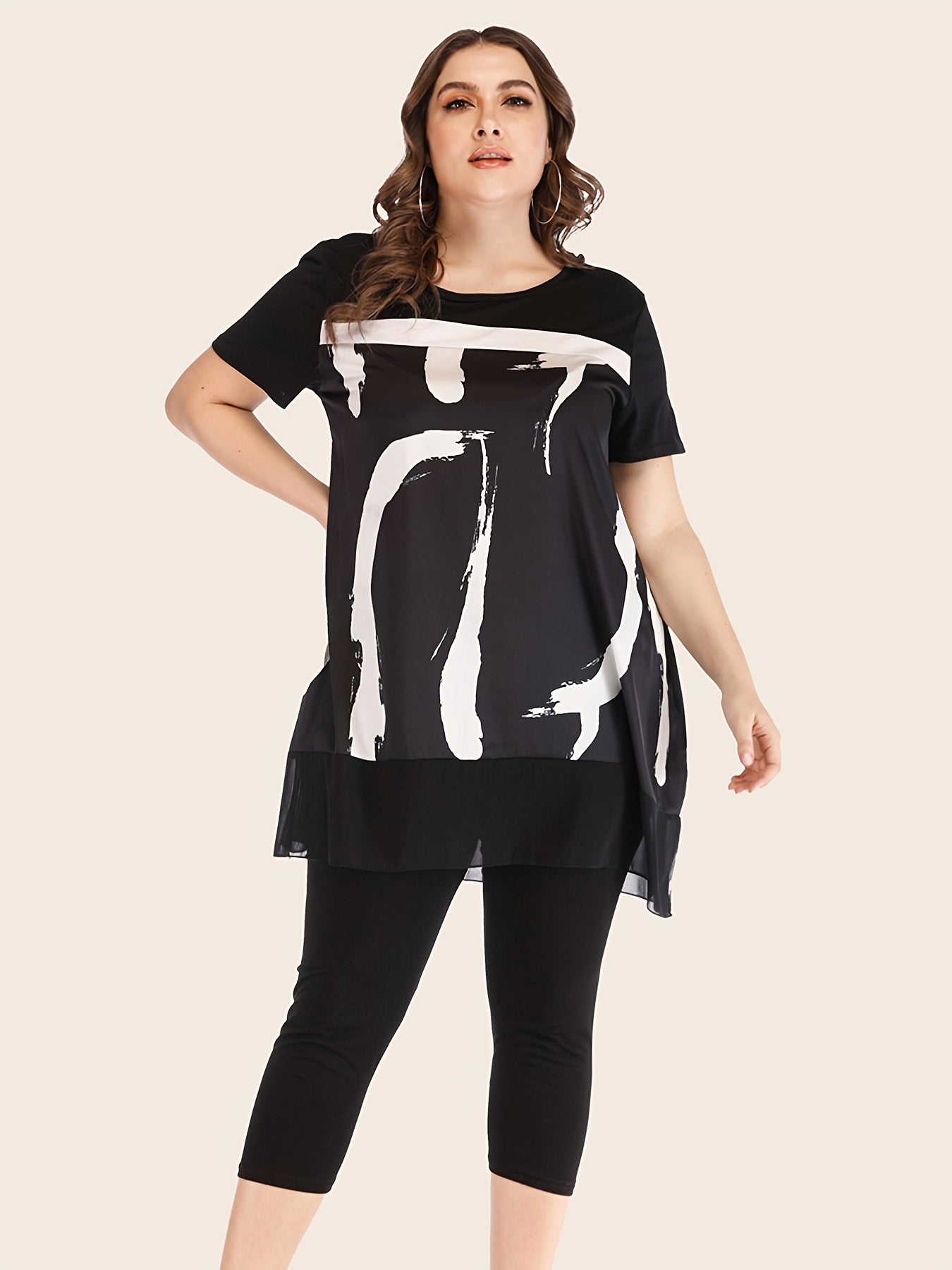 Mesh Graphic Print Top & Bodycon Pants Set Women's Plus Outfit 2 Pcs