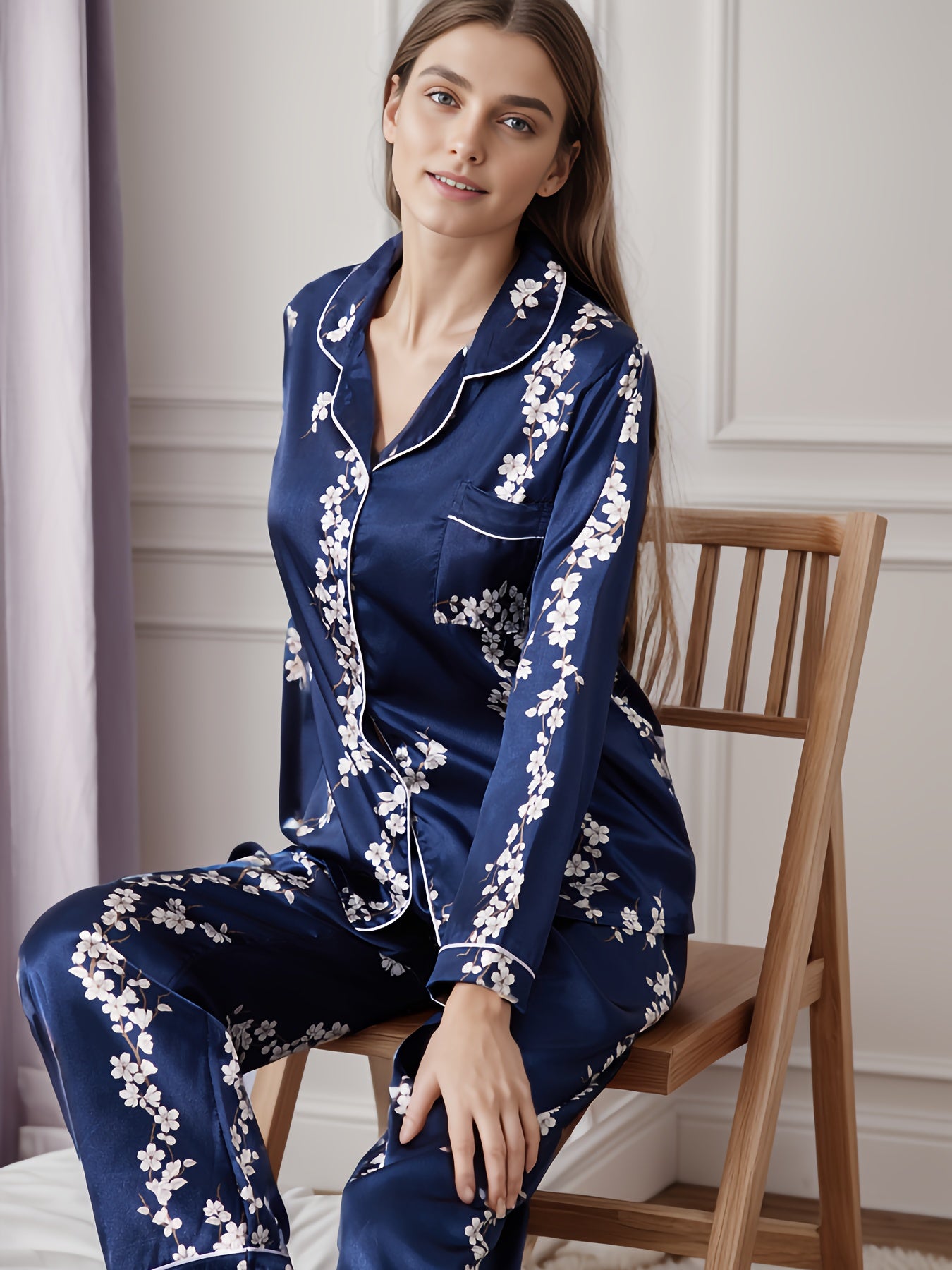 Floral Print Pajama Set Long Sleeve Top & Pants Women's Sleepwear