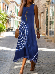 Tie Dye Tassel Tank Dress Crew Neck Sleeveless Women's Clothing