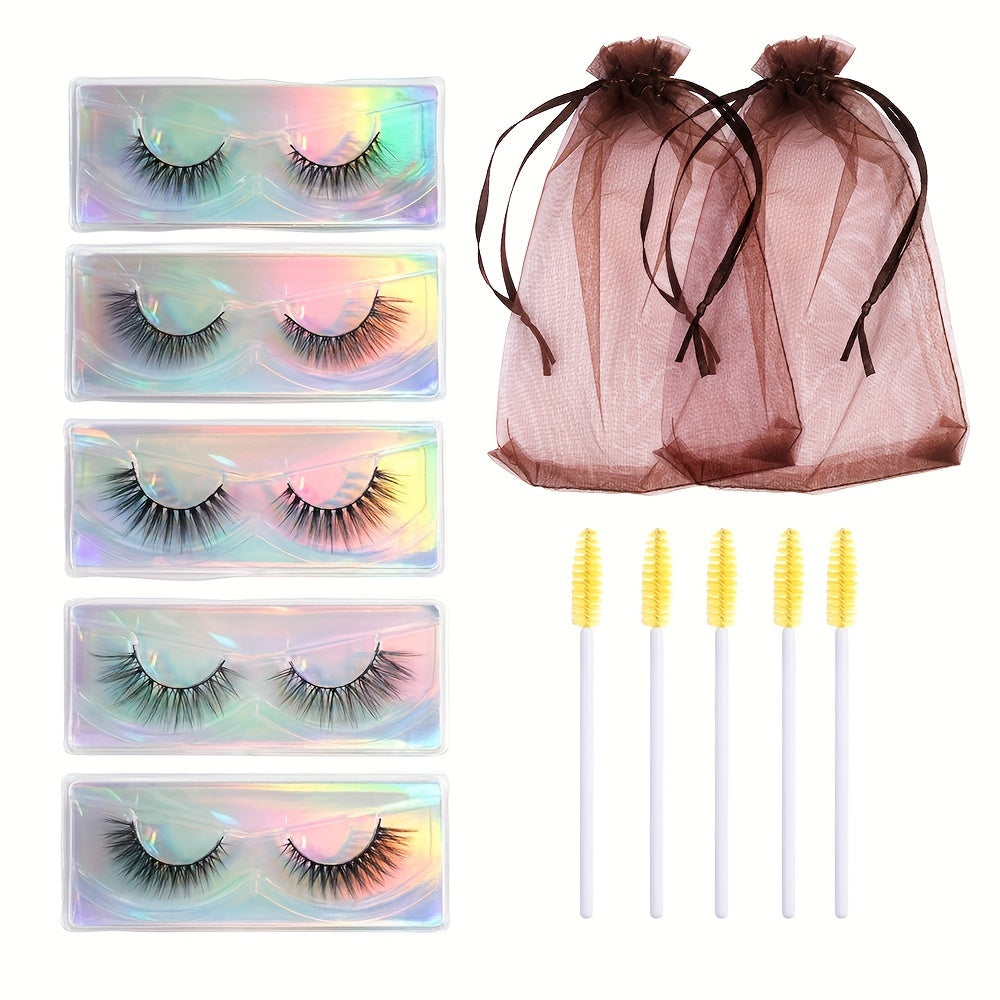 5 Pairs Natural Thick False Eyelashes C Curling with Brushes & Bag