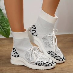 Leopard Print Sneaker Boots High Top Lace Up Ankle Boots