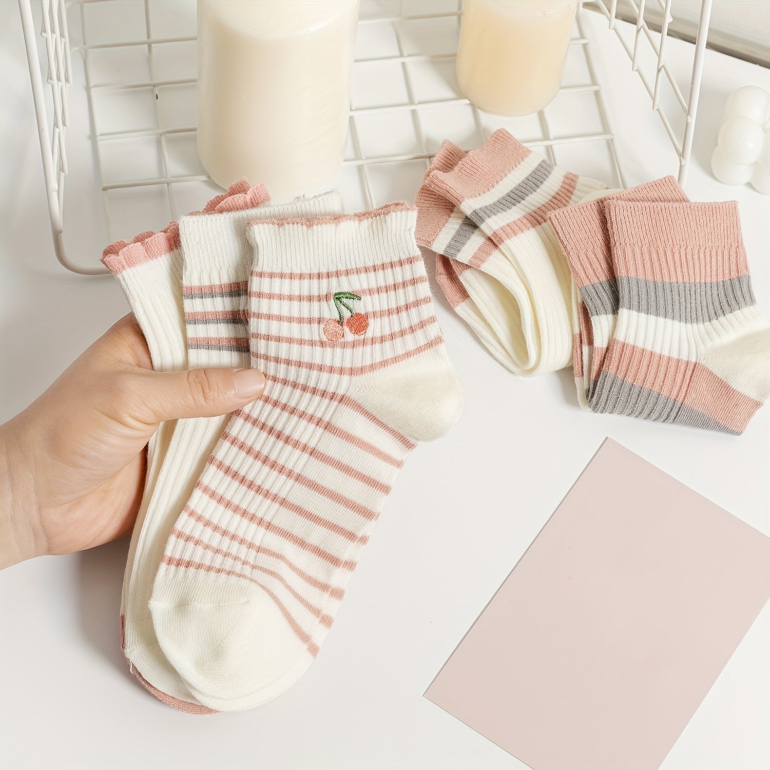 5 Pairs Striped Sports Socks Lightweight Crew Short Socks Women's Stockings