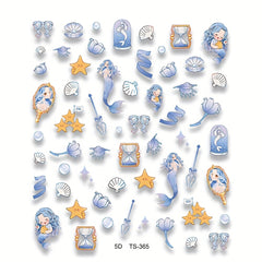 5D Embossed Mermaid Nail Art Stickers Self Adhesive Shell Decals