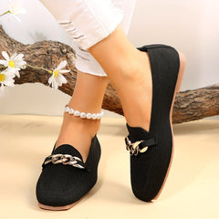 Women's Metallic Chain Decor Flat Shoes Breathable Knit Square Toe Shoes