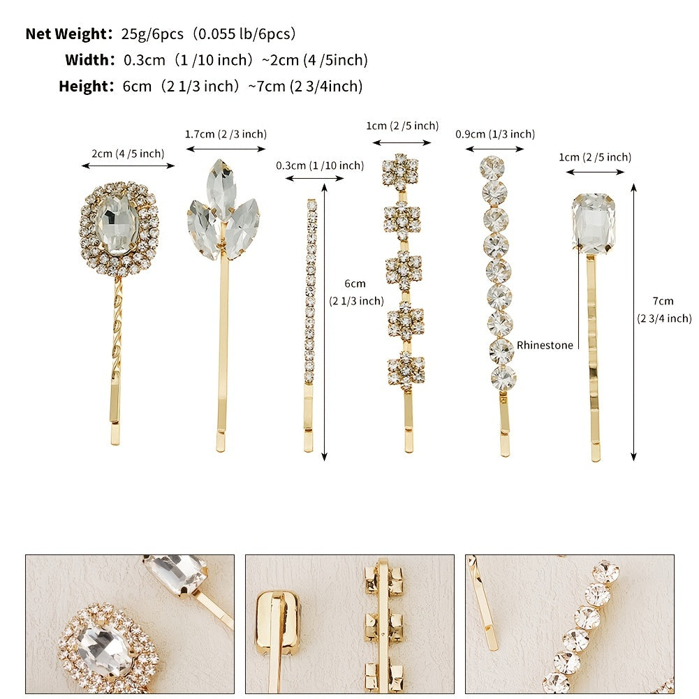 6pcs Rhinestone Hairpin Metal Golden Hair Clip Wedding Birthday Cosplay Costumes