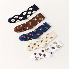 5 Pairs Plus Size Crew Socks Set Women's Plus Funny Cartoon Print
