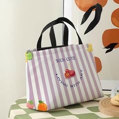Purple Striped Cherries Lunch Bag Insulated Portable Cooler Bag
