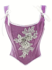 Floral Applique Shaping Tank Top Lace Up Tummy Control Slimmer Top