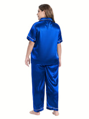 Party Pajamas Set Women's Plus Satin Shirt & Pants 2 Piece Set