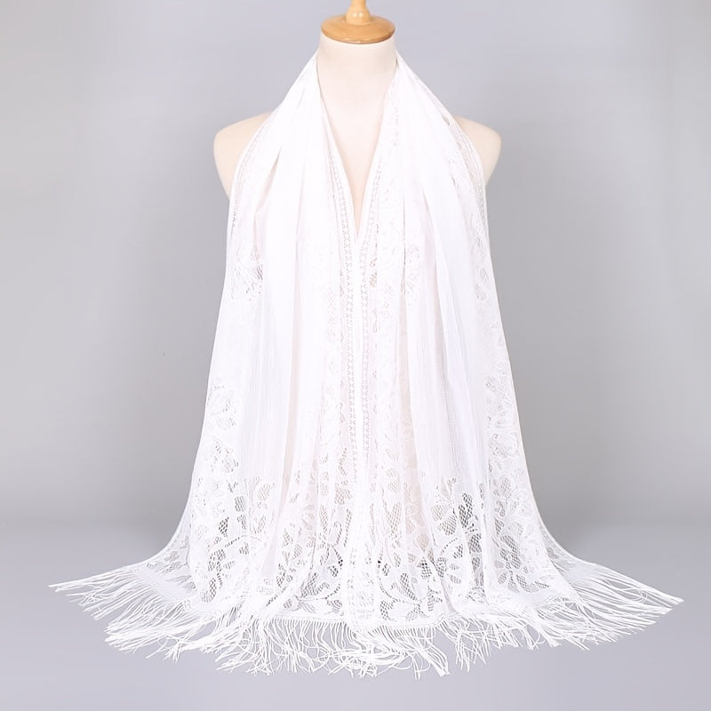 Floral Lace Scarf Shawl With Tassels Soft Mesh Fringe Wraps