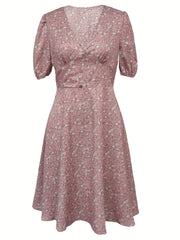 Floral Print V Neck Dress Short Sleeve Dress Spring Summer