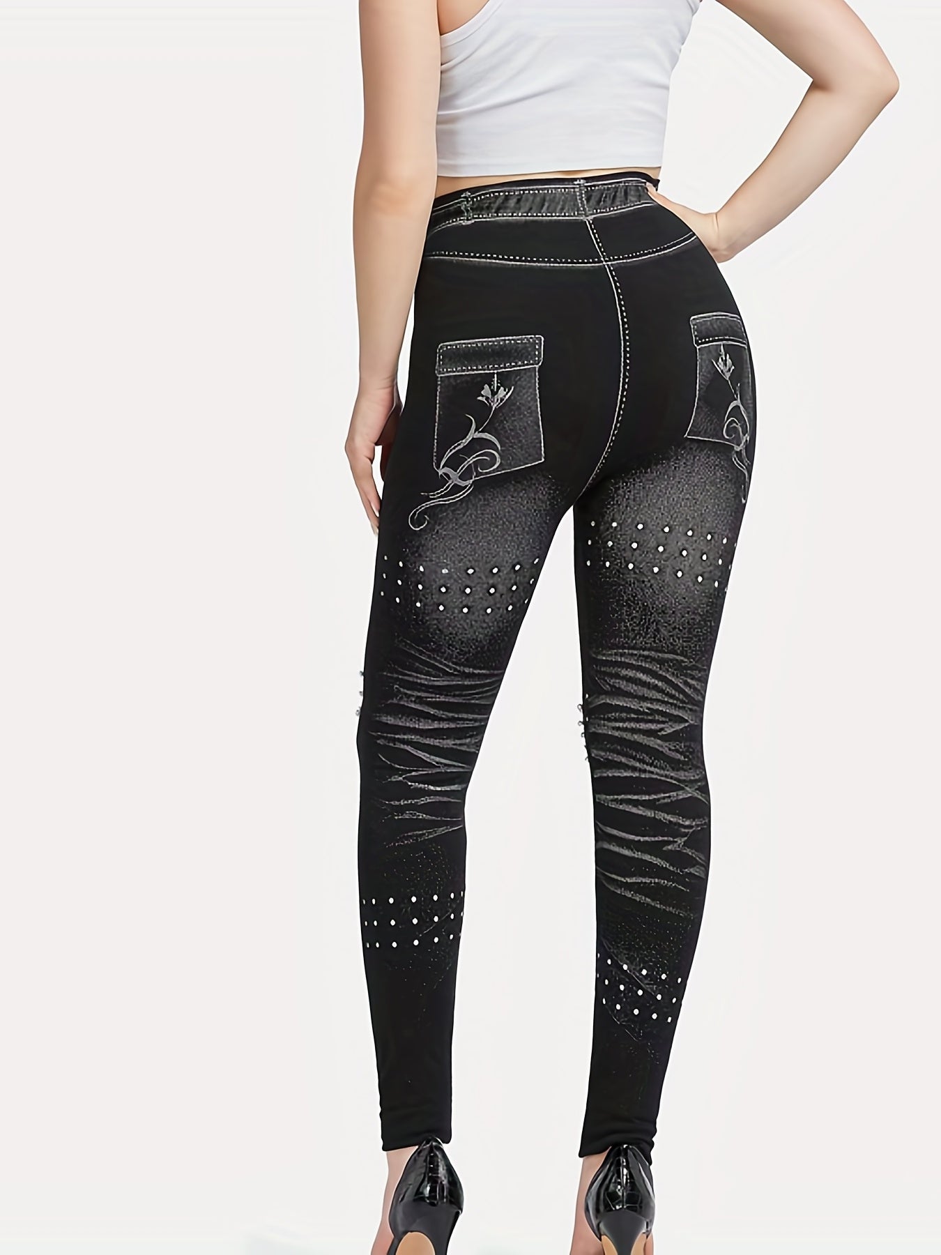 Denim Print Skinny Leggings Casual Stretchy Leggings