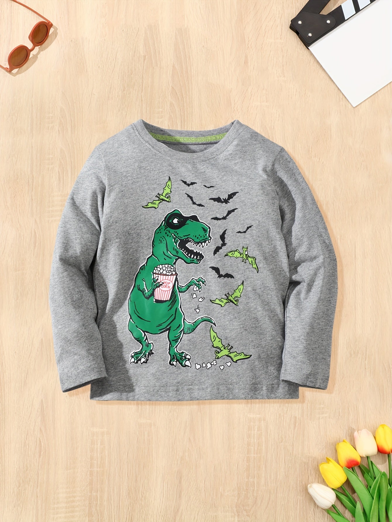 Dino & Bat Print Kid's Sweatshirt Cotton Pullover for Halloween