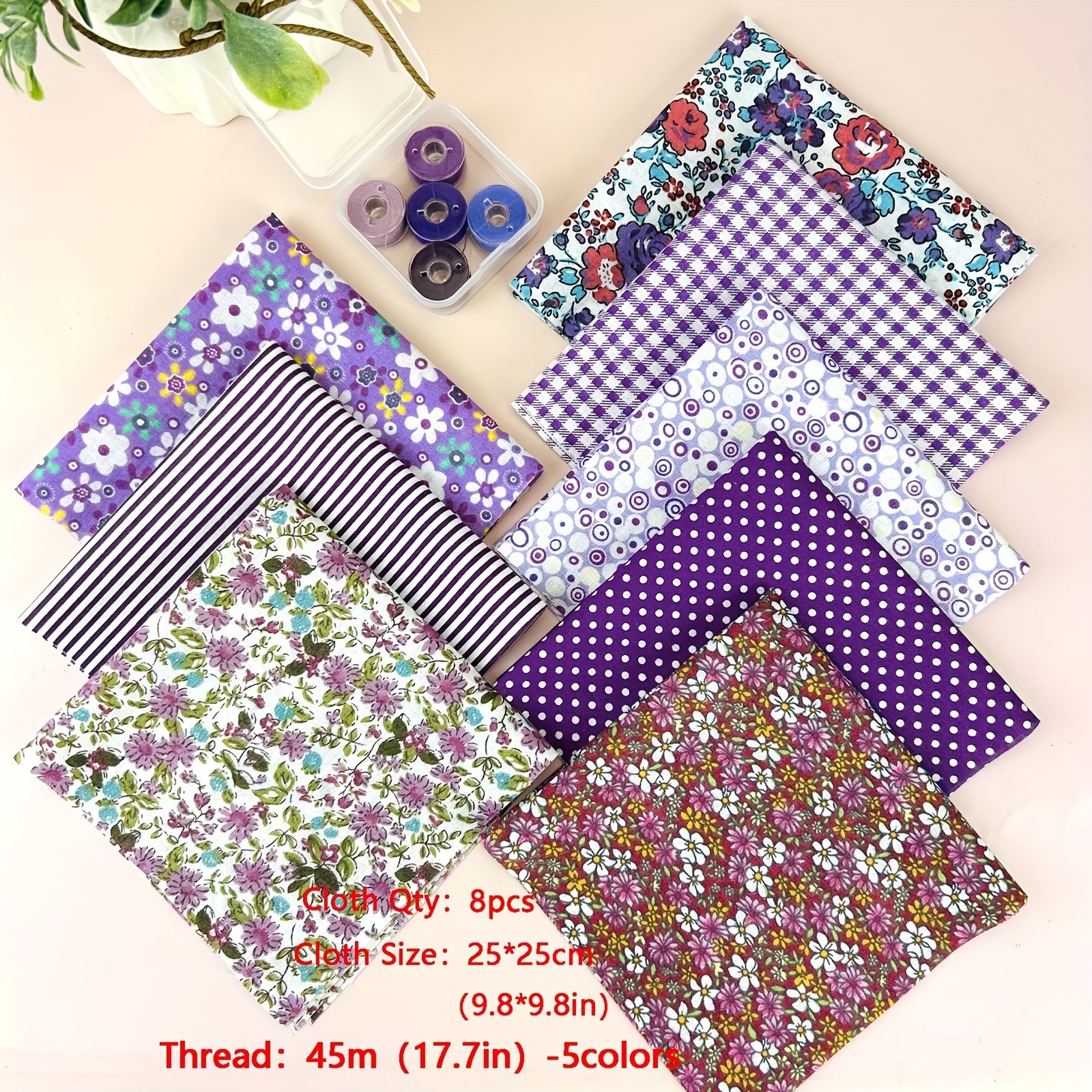 8pcs Floral Cotton Fabric Precut Bundles With Threads for DIY Sewing