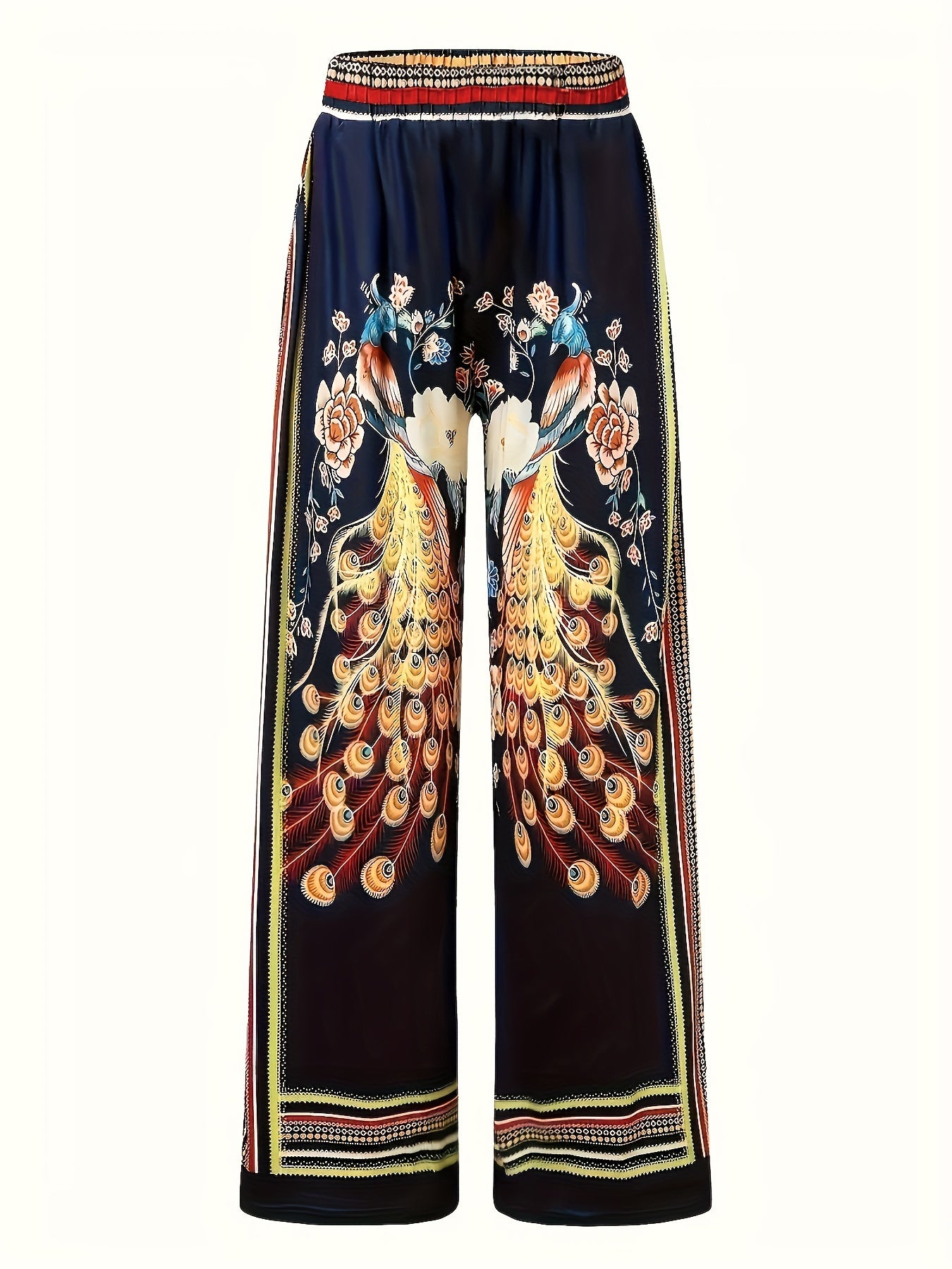 Floral Peacock Print Wide Leg Pants High Rise Retro Trousers