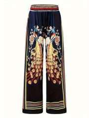 Floral Peacock Print Wide Leg Pants High Rise Retro Trousers