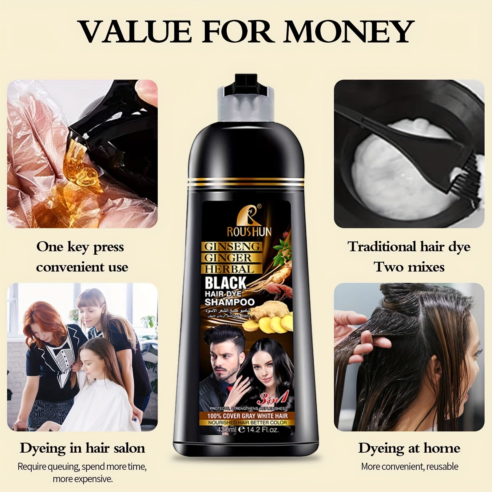 Gray Hair Instant Dye Shampoo 420ml Natural Long-Lasting Coloring